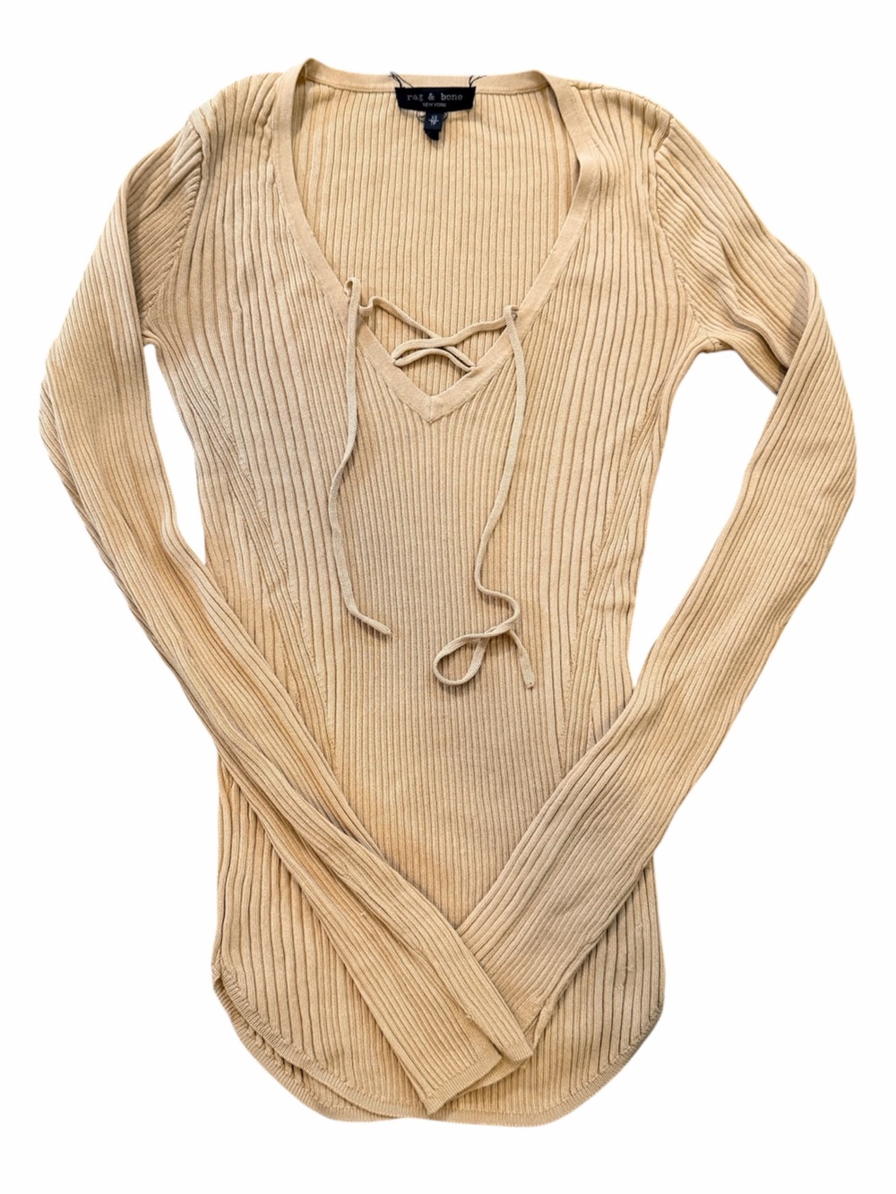 rag & bone Lace-Up Ribbed Knit Top in Tan